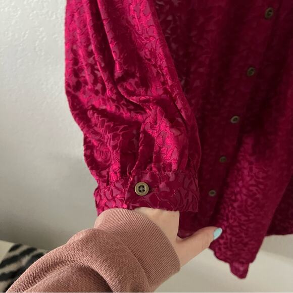 Anthropologie Susanna Red Burnout Velvet Button Front Blouse - Picture 5 of 8